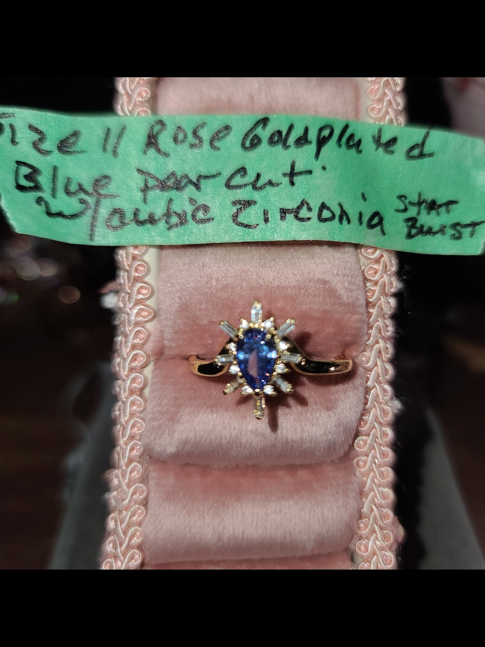 Blue Oval Centerstone Rose Gold-Plated Starburst Ring Size 11